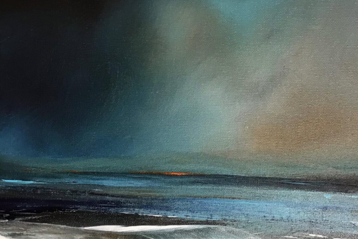 Abstract painting of a moody seascape, inspired by Visiting Artists in Dingle, with dark, stormy clouds above a blue and green ocean. White waves crash onto the shore as a hint of orange glows on the horizon, adding contrast to the somber scene.