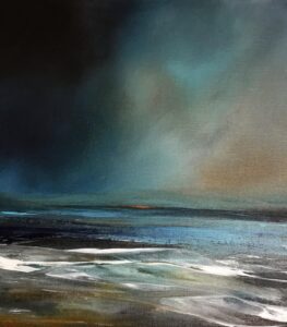 Abstract painting of a moody seascape, inspired by Visiting Artists in Dingle, with dark, stormy clouds above a blue and green ocean. White waves crash onto the shore as a hint of orange glows on the horizon, adding contrast to the somber scene.