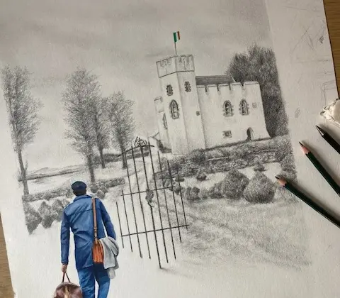 A drawing shows a man in a blue coat carrying a brown bag, walking toward an open gate and a white castle with the Irish flag—a scene reminiscent of Visiting Artists in Dingle. Two pencils rest on the right side of the mostly grayscale paper.