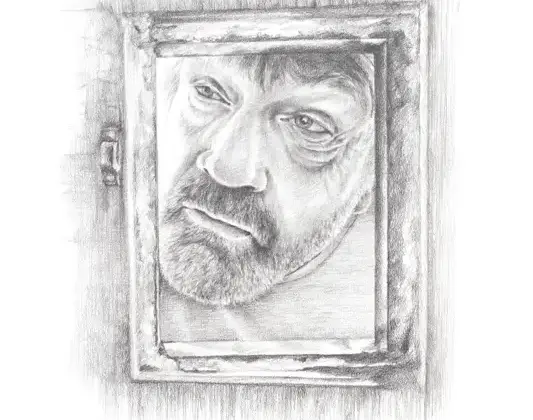 Pencil drawing of a man’s face framed by a small square window or opening, with a serious, pensive expression and detailed shading—a style often showcased by Visiting Artists in Dingle.
